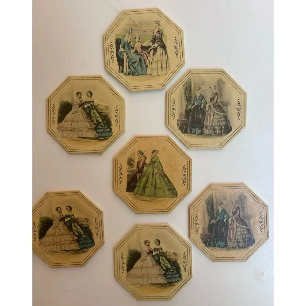 TW Antique Victorian paper every day coasters / Set of 7/ In Box